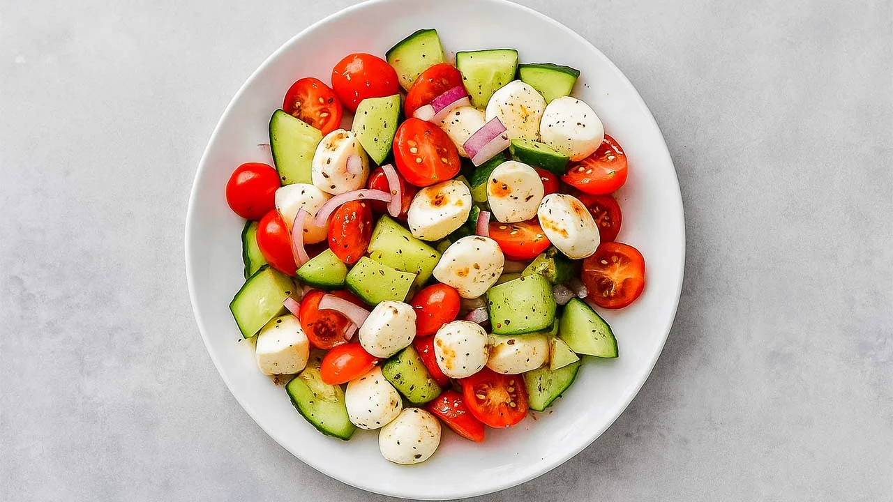 Fresh Cucumber Caprese Salad with Mozzarella and Balsamic Dressing