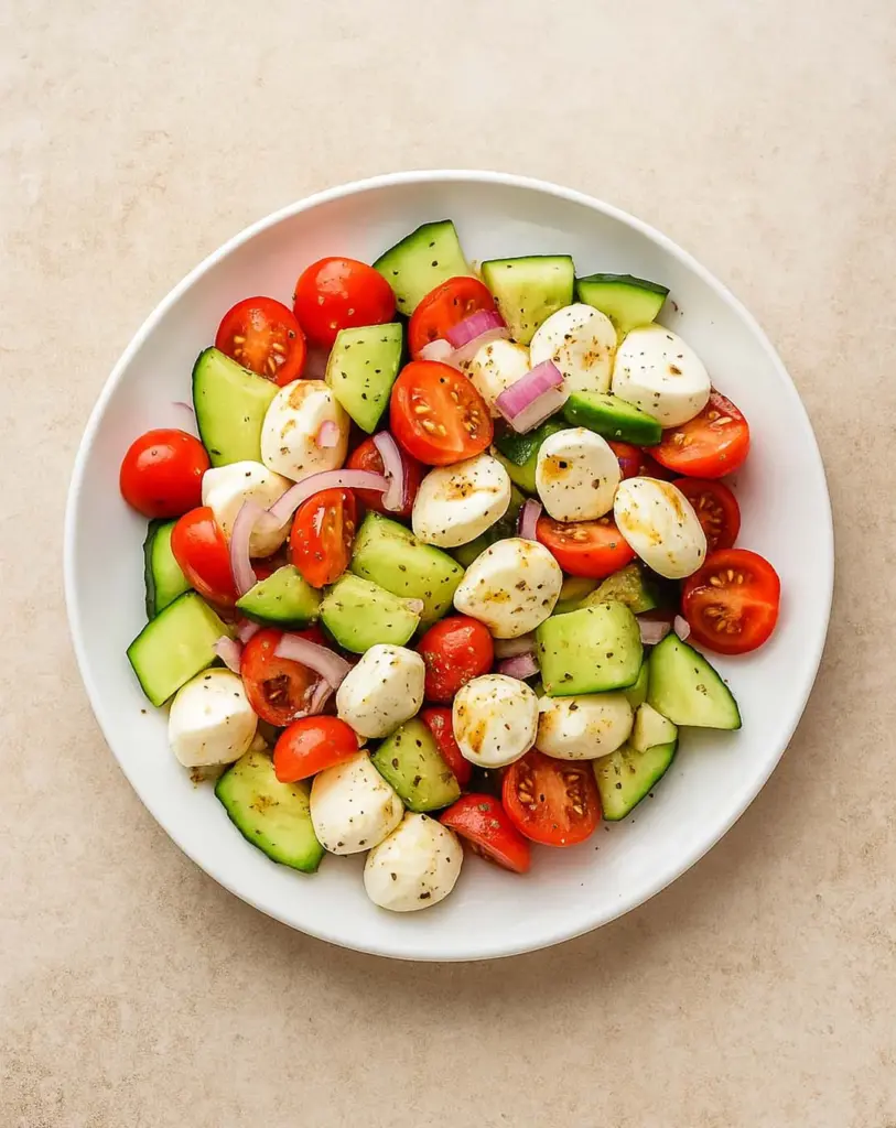 Fresh Cucumber Caprese Salad with Mozzarella and Balsamic Dressing