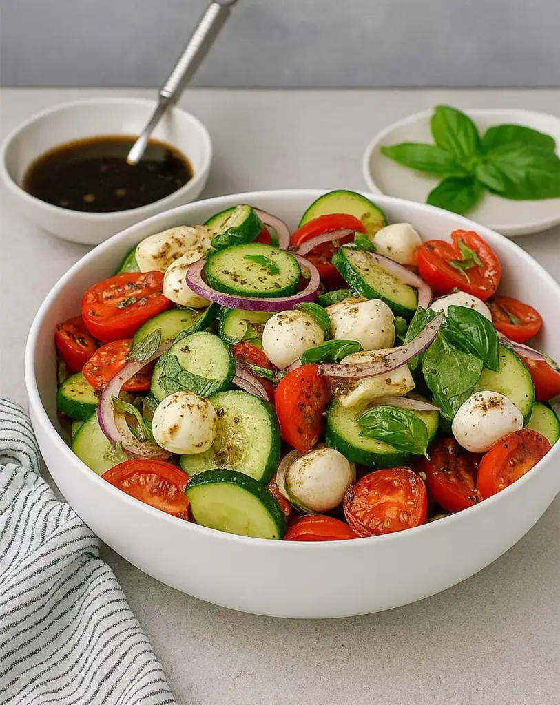 Fresh Cucumber Caprese Salad with Mozzarella and Balsamic Dressing