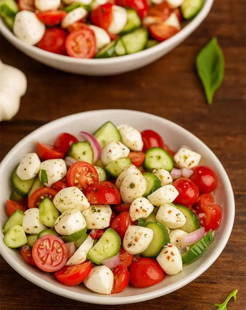 Fresh Cucumber Caprese Salad with Mozzarella and Balsamic Dressing