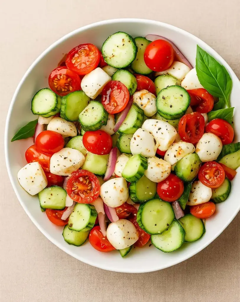 Fresh Cucumber Caprese Salad with Mozzarella and Balsamic Dressing