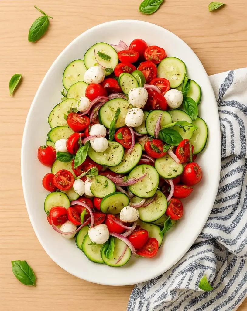 Fresh Cucumber Caprese Salad with Mozzarella and Balsamic Dressing